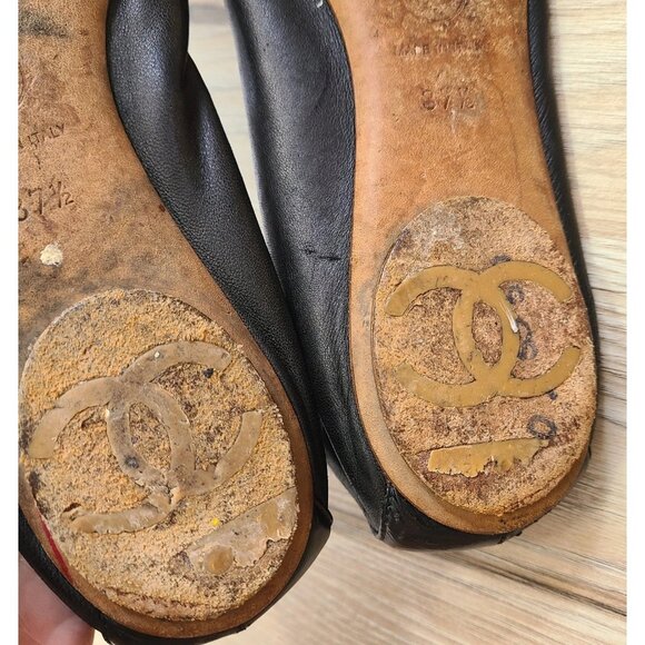 Chanel Ballet Flats 37.5 CC Logos Black Patent Cap Toe Pink Shine Elastic Trim - Picture 10 of 10